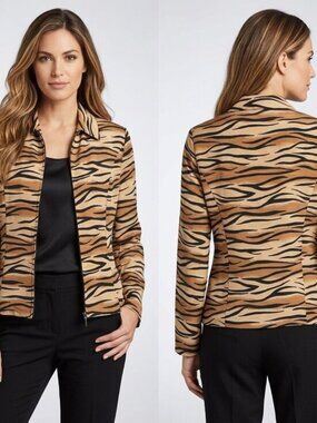 Vintage Silkland 100% Pure Silk Tiger Print Zip-Up Jacket - Size 6